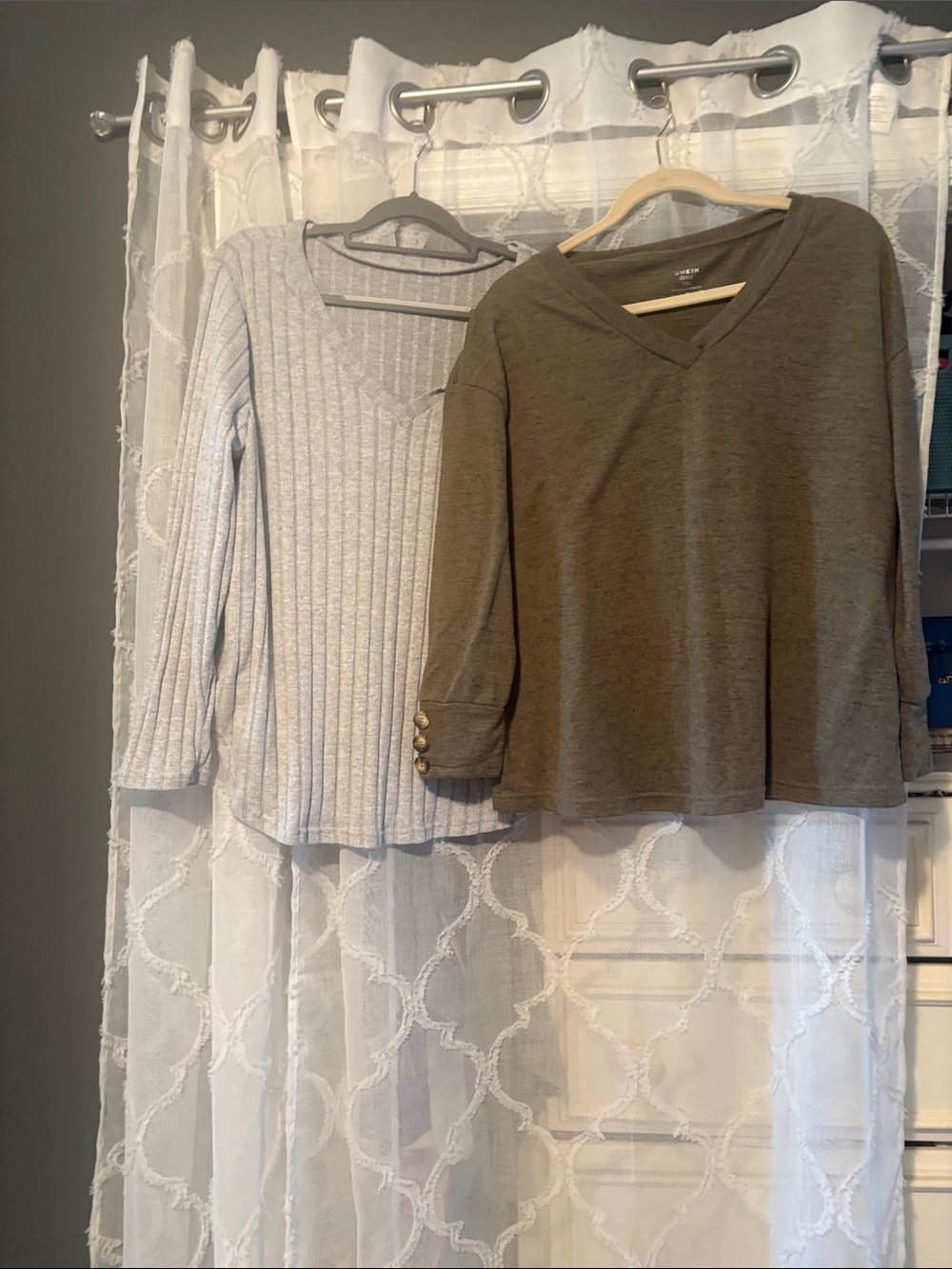 SHEIN Olive Green V-Neck 3/4 Sleeve Top grey v neck